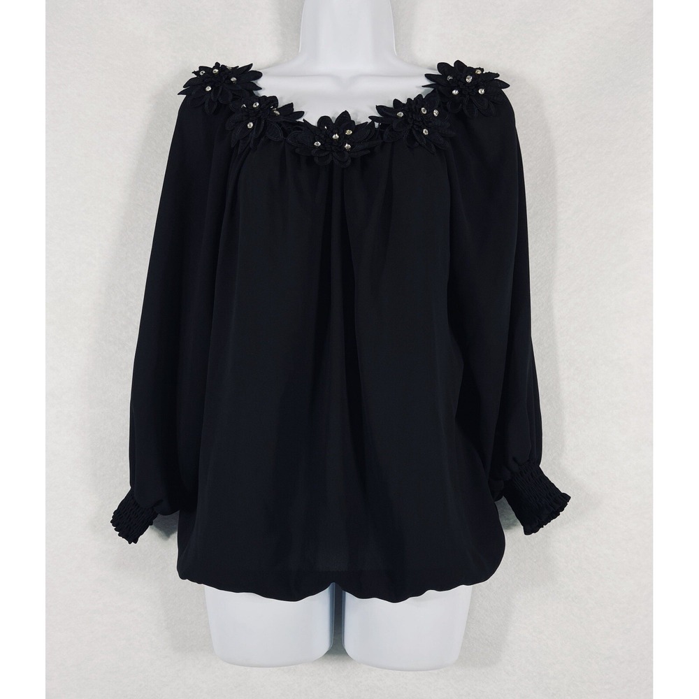 Joseph Ribkoff Top Womens 2 Small Black Off Shoulder Long Sleeves Chiffon